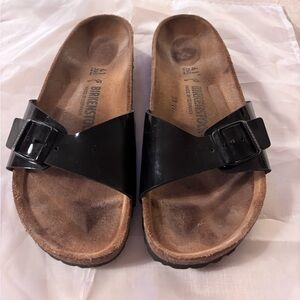 BIRKENSTOCK Madrid Black Patent Leather Slide Sandals